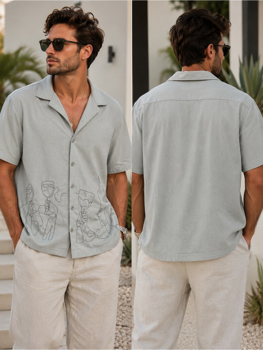 Men's Short-Sleeve Camp Collar Shirt in Sage with Subtle Stitch Detail
